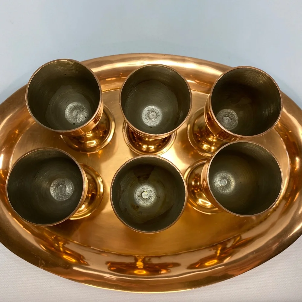 VTG Mexico Brass Copper Plate 6 Tequila Stem Cups & Oval Tray w Handles 11 x 7